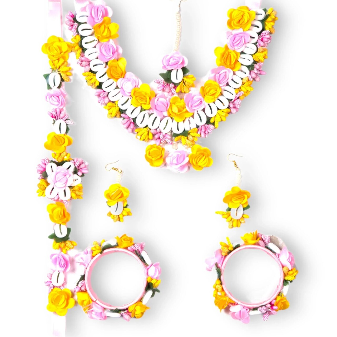 Flower Designer Shells Jewelry Set for Women Handmade Necklace with Earrings Maang Tikka Bracelet Waistbelt Indian Artificial Jewellery for Haldi Mehndi Wedding Party Bridal